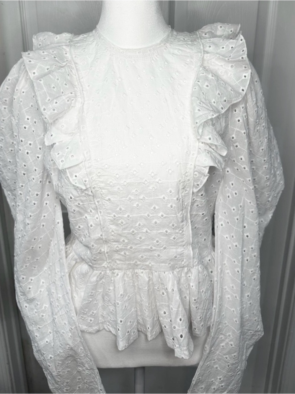 Olivaceous 100% Cotton Eyelet Ruffle Puff Sleeve Zip Back Top Blouse